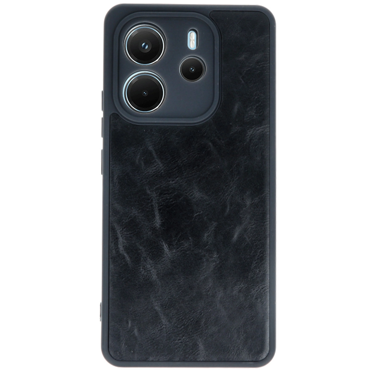 Üç kameralı, dokulu siyah telefon kılıfı.