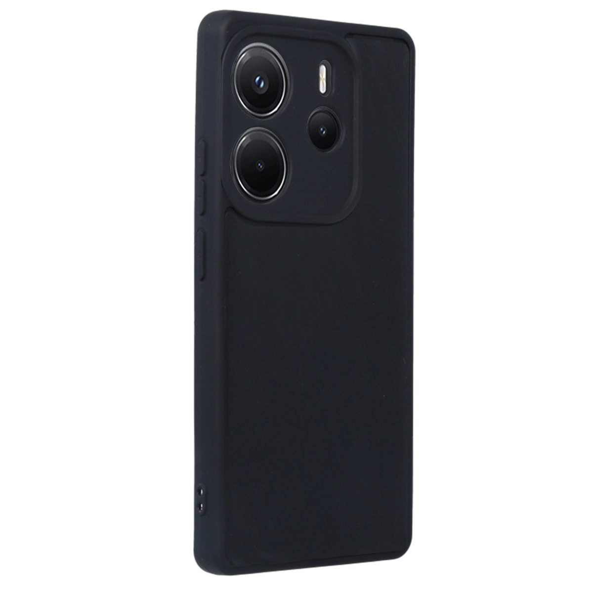 Arkada üçlü kamera ve flaşa sahip siyah telefon kılıfı.