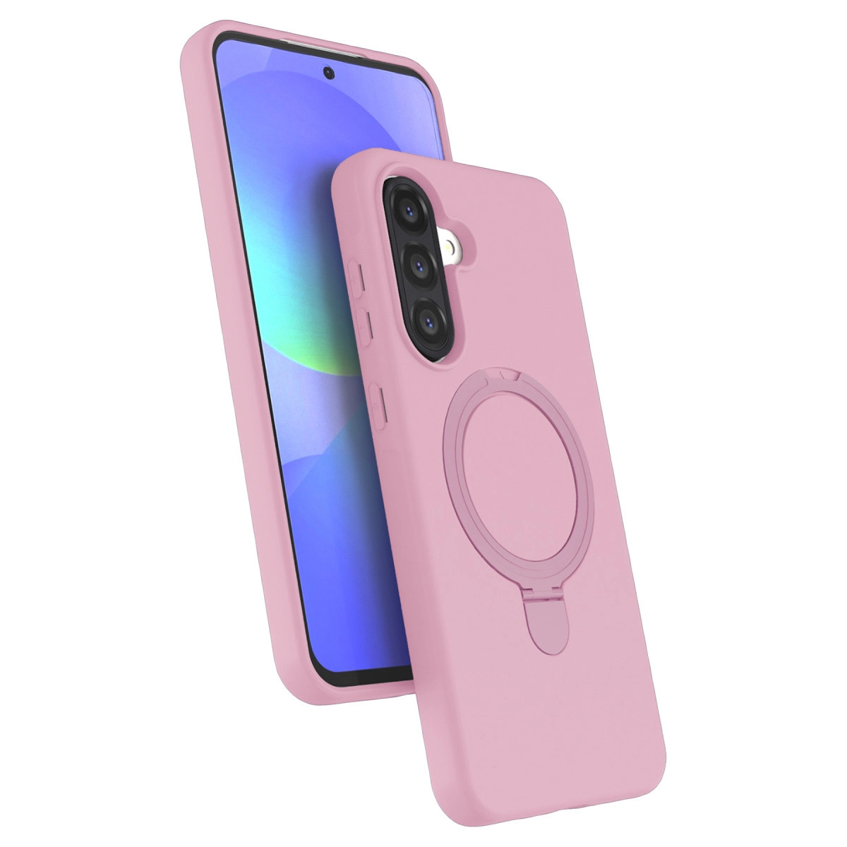 Akıllı telefonun önünde halka tutuculu ve üç kameralı pembe telefon kılıfı.