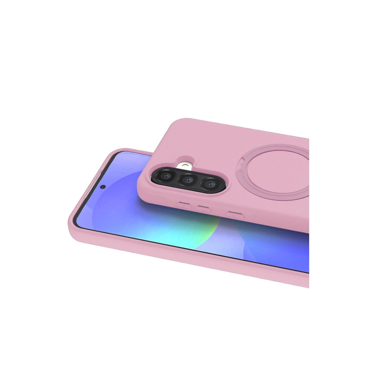 Üçlü arka kameraya ve halka tutucuya sahip pembe telefon kılıfı.