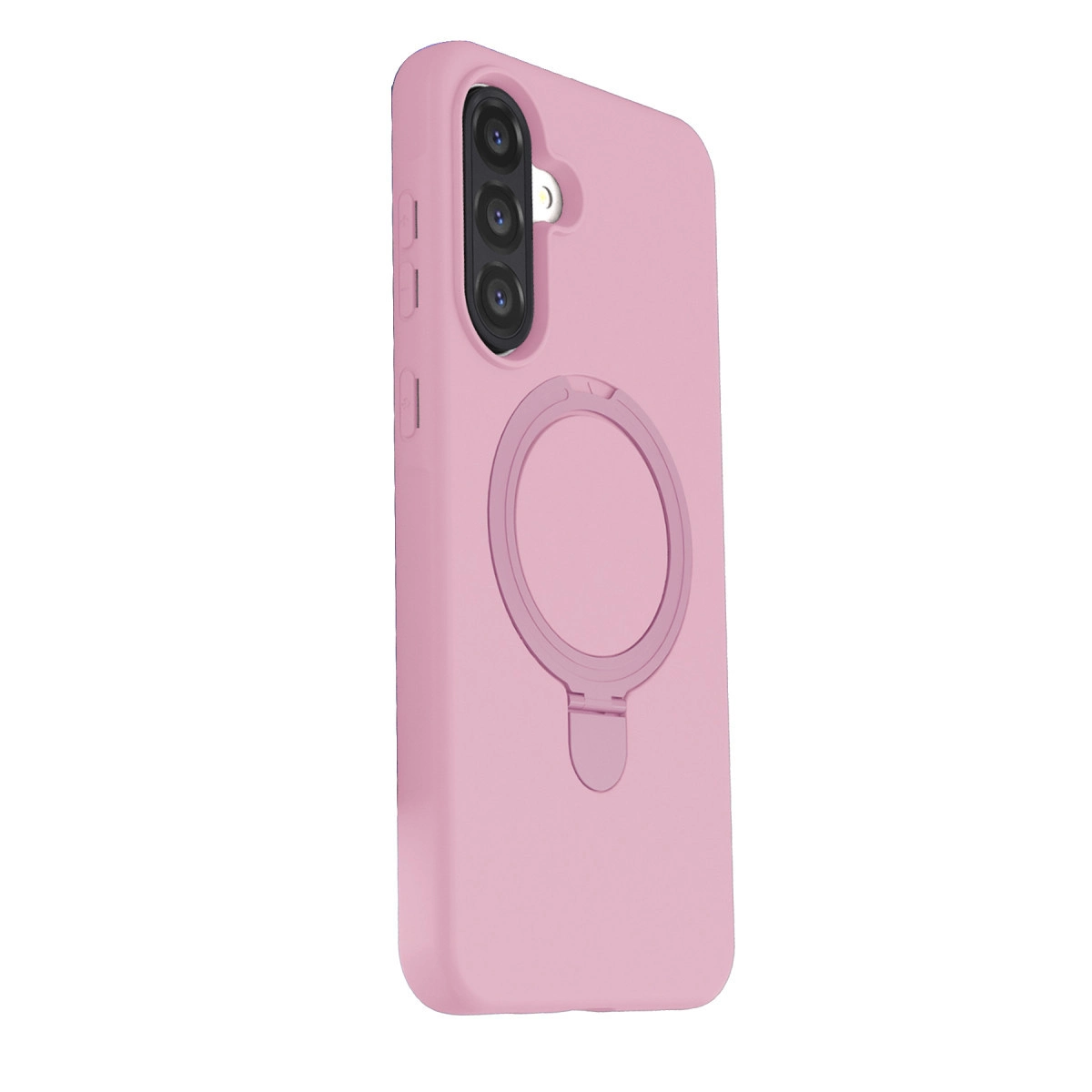 Üç kameralı ve halka standlı pembe telefon kılıfı.