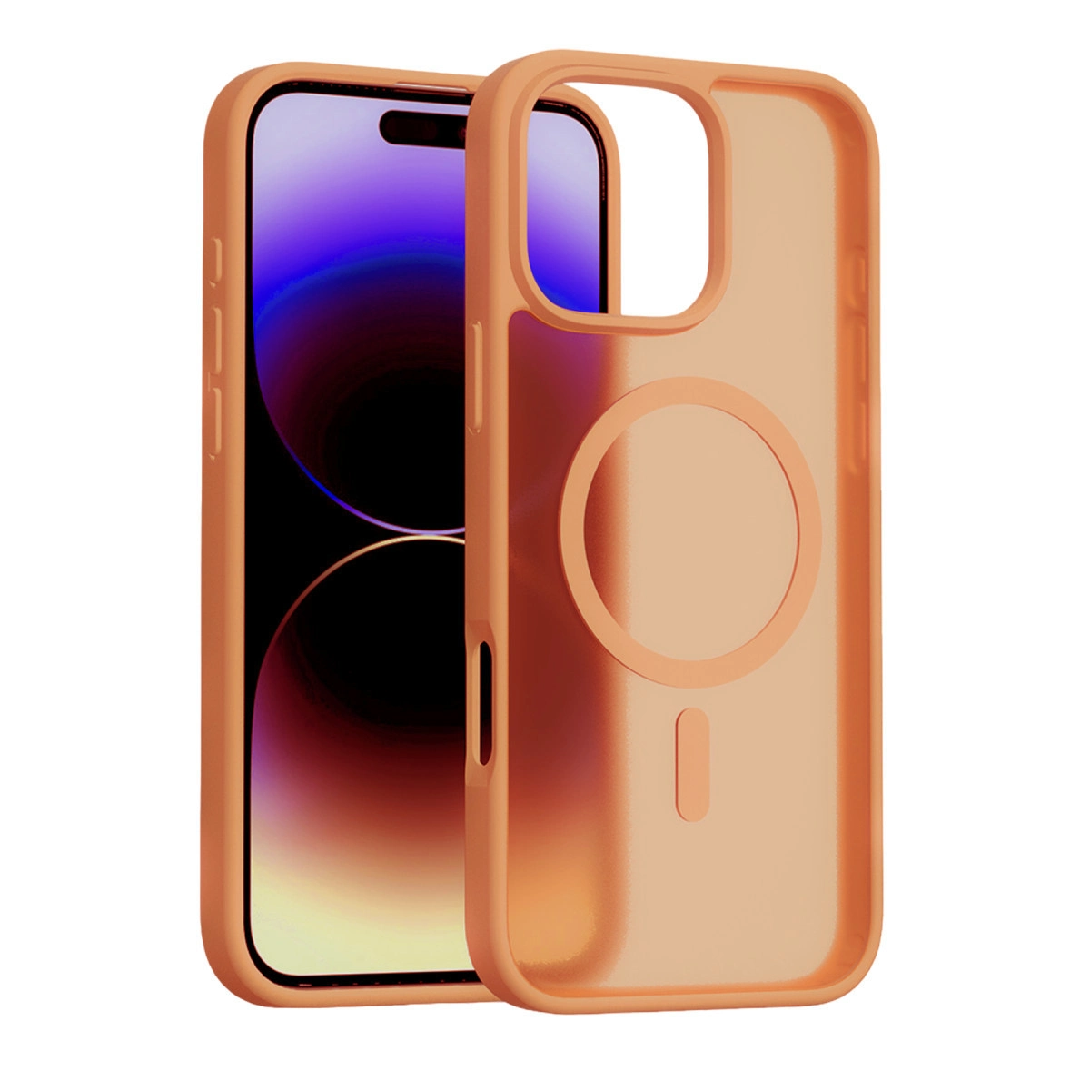 Arkada dairesel ve yuvalı tasarıma sahip turuncu telefon kılıfı.