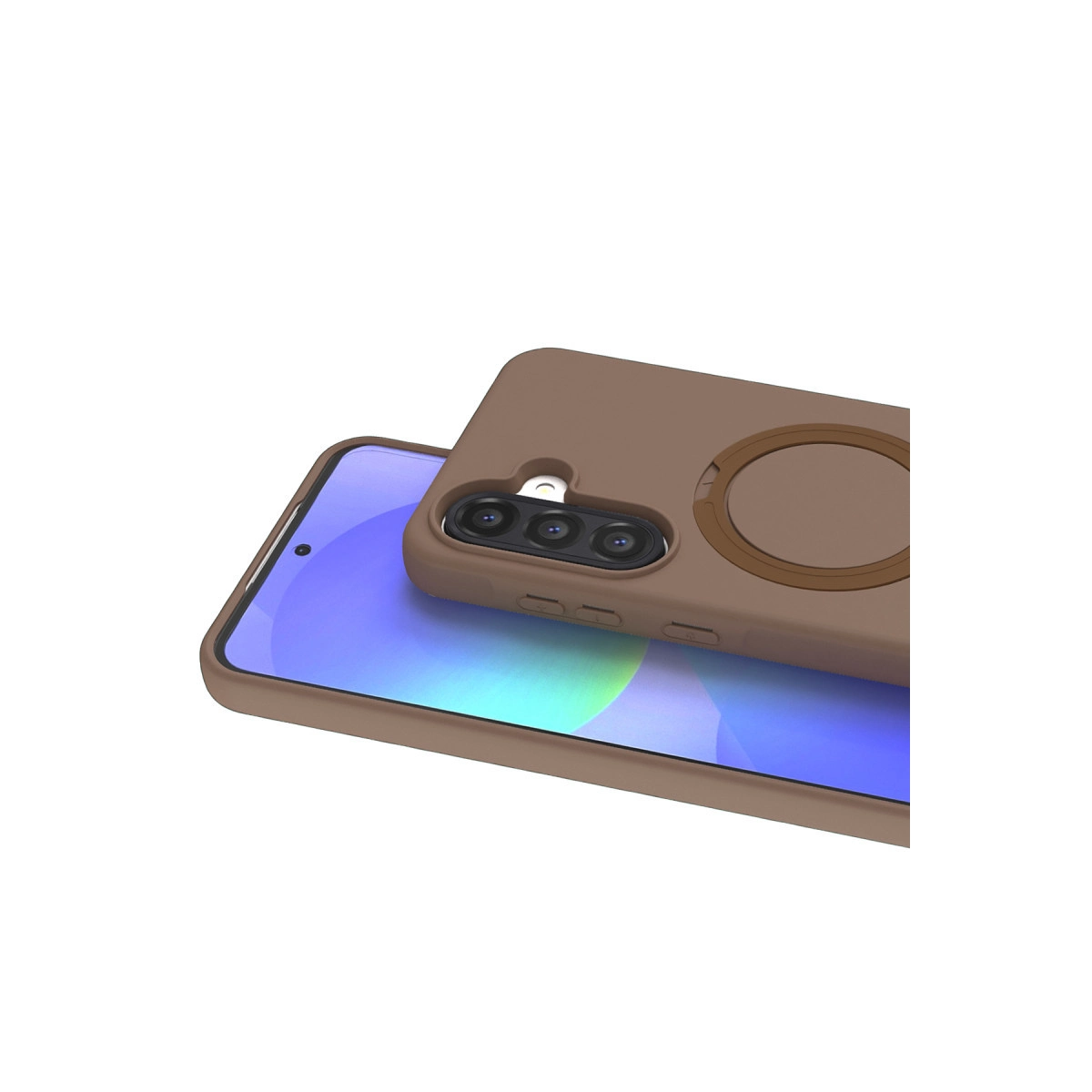 Akıllı telefonda halka tutmaçlı kahverengi telefon kılıfı. Üç kamera görünüyor.