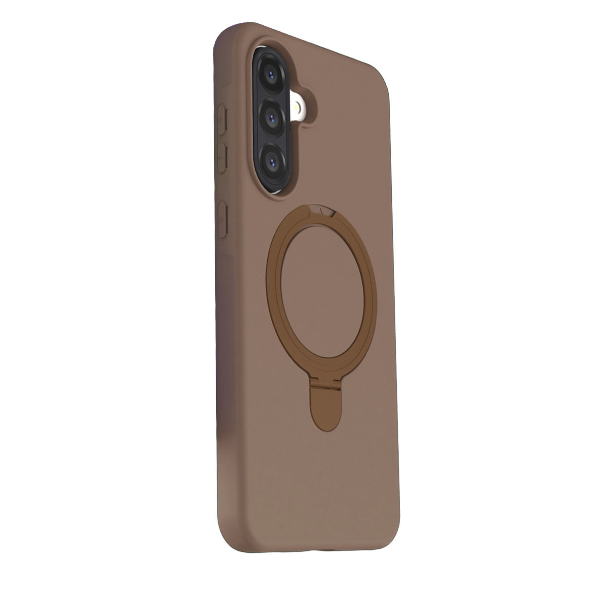 Arkada üç kamera ve dairesel halka bulunan kahverengi telefon kılıfı.