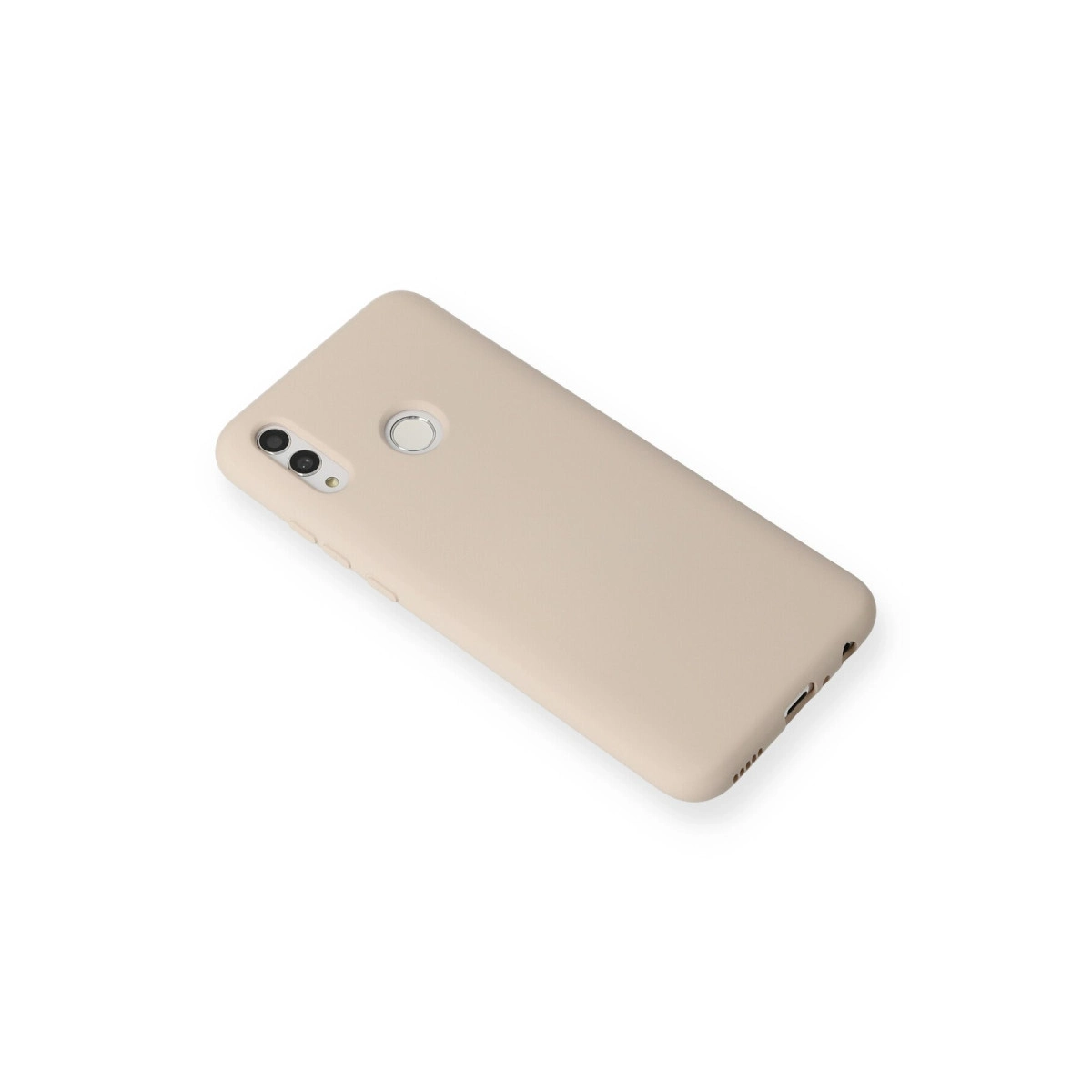 Bej rengi telefon kılıfı beyaz zeminde duruyor.