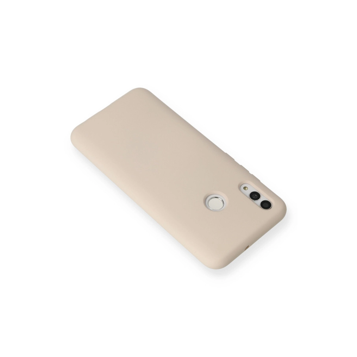 Kamera kesimli ve parmak izi sensörlü bej telefon kılıfı.