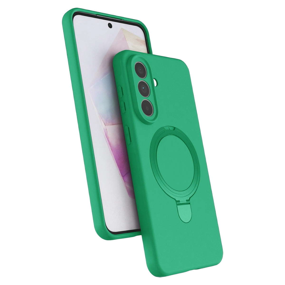Yeşil renkli, yüzük tutuculu ve kamera kesikli bir akıllı telefon kılıfı, bir telefonun yanında açılı bir şekilde gösterilmektedir.