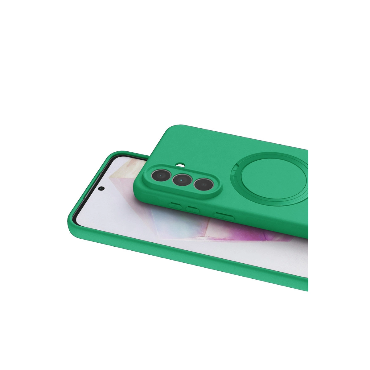 Kamera kesimi ve halkası olan yeşil telefon kılıfı telefonda gösteriliyor.