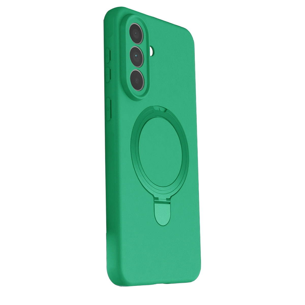 Üç kameralı ve halka tutuculu yeşil telefon kılıfı.