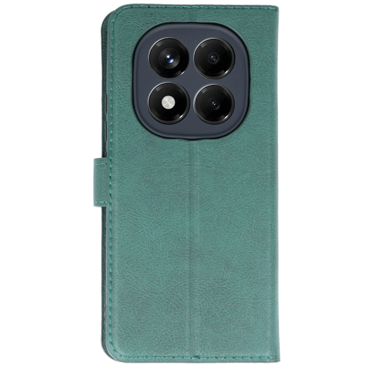 Arkada dört kamera lensi bulunan yeşil telefon kılıfı, kapalı.