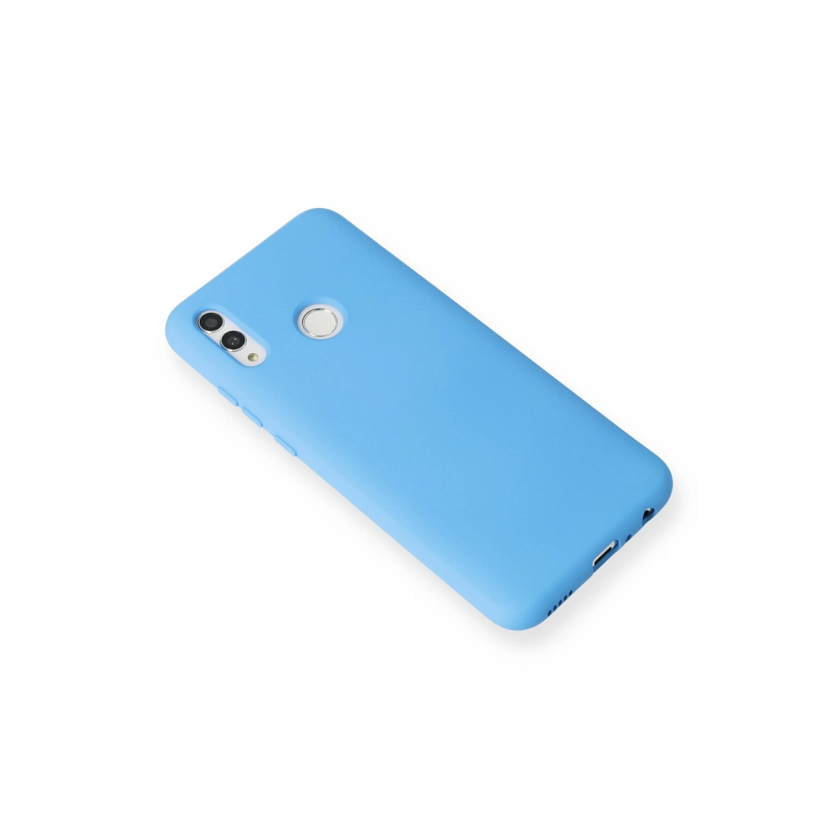 Kamera kesikliği ve parmak izi sensörlü açık mavi telefon kılıfı.