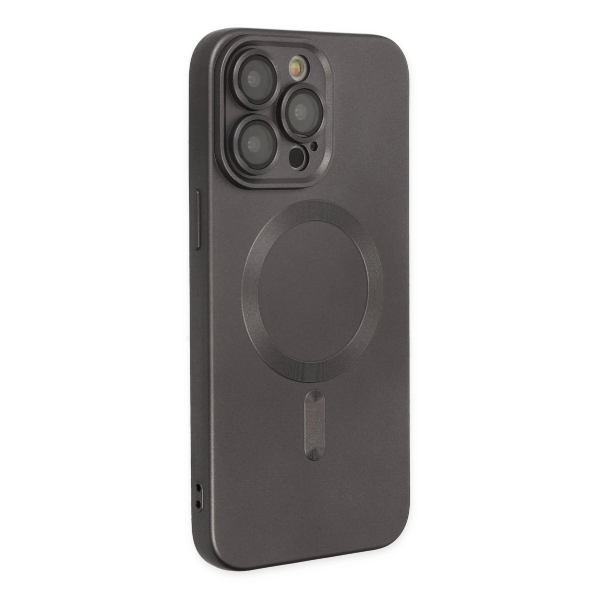 Koyu gri telefon kılıfı, kamera dizisi ve beyaz arka planda şarj halkası.