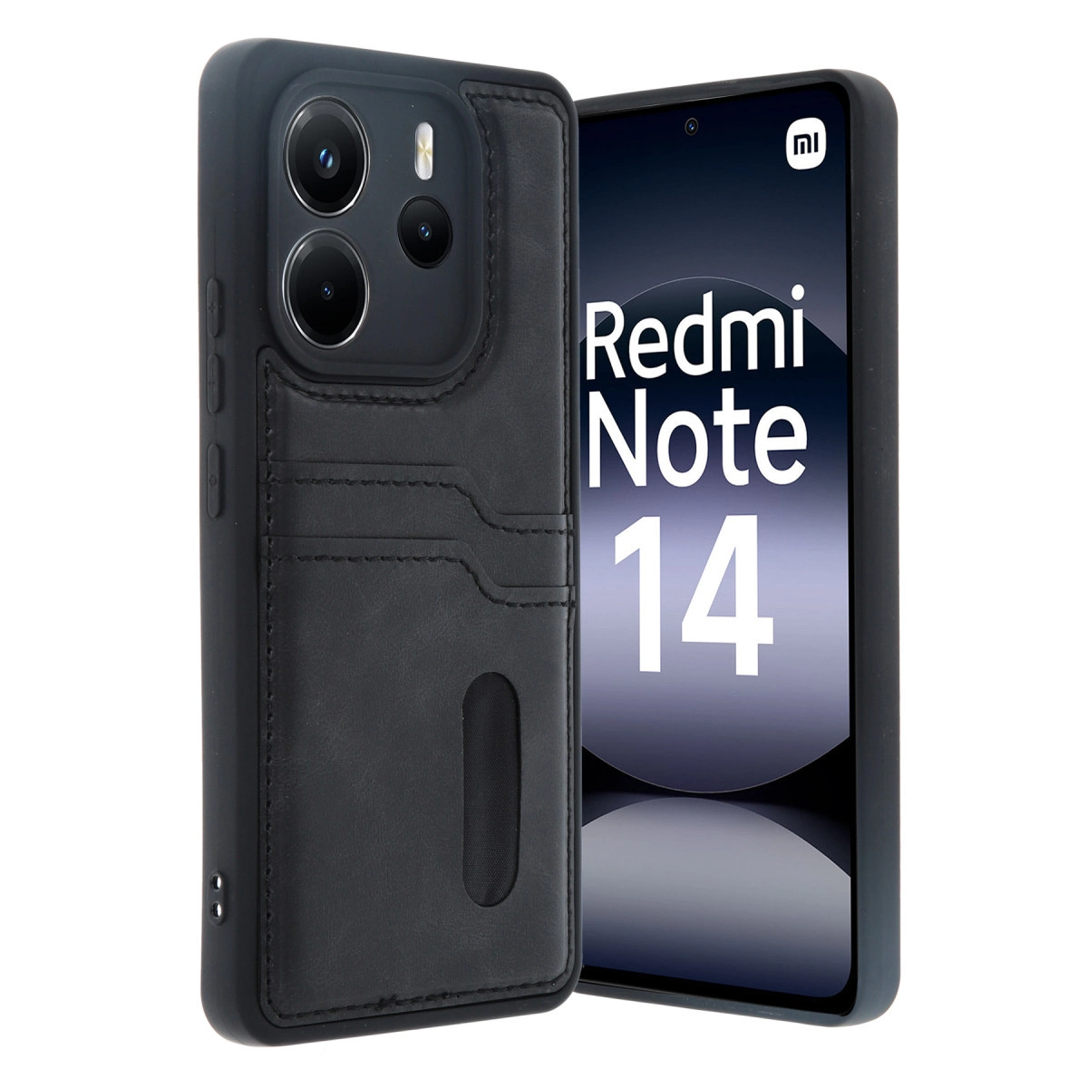 Kart tutuculu siyah telefon ve ekranda "Redmi Note 14" yazısı.