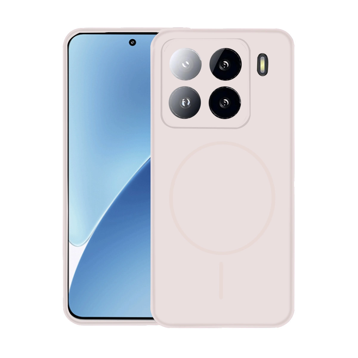Kamera çıkıntılı ve mavi ekranlı açık pembe bir akıllı telefon gösteriliyor.