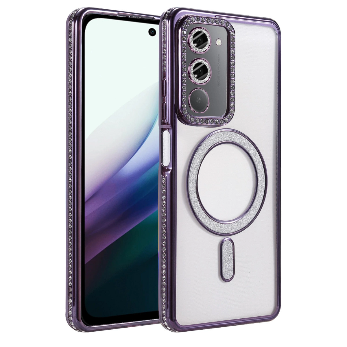 Kamera çevresinde taşlar ve simli halka ile süslenmiş mor telefon kılıfı.