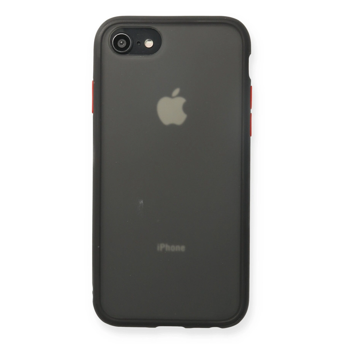 Apple logosu ve kamerası olan koyu renkli iPhone kılıfının arkası.
