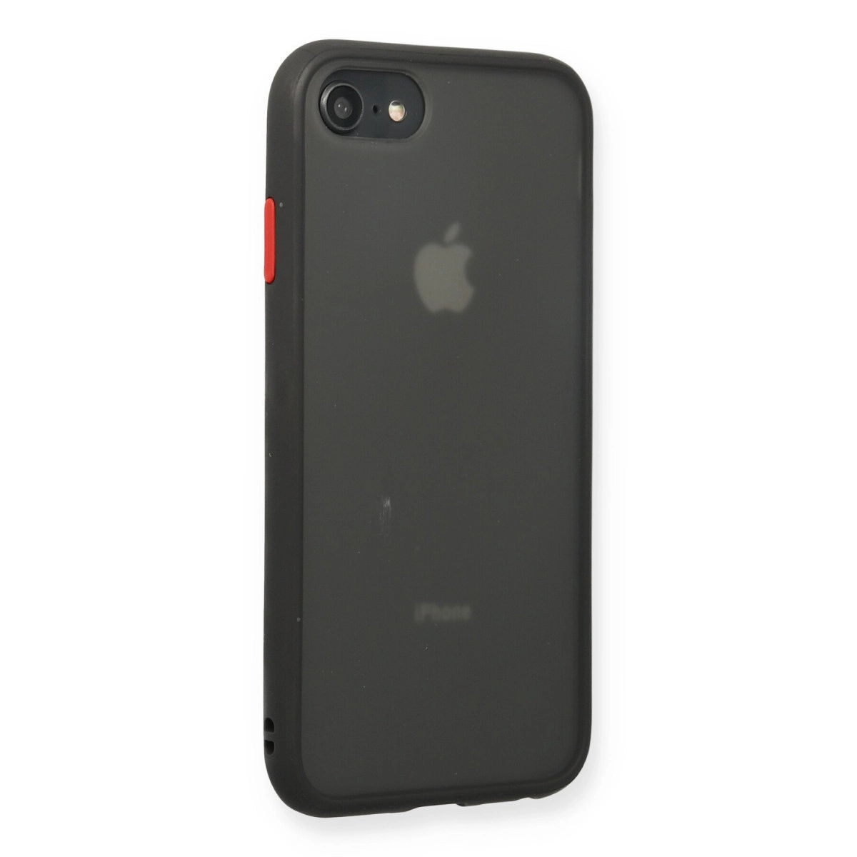 Yanında kırmızı düğmesi olan koyu gri iPhone, beyaz arka plana karşı.