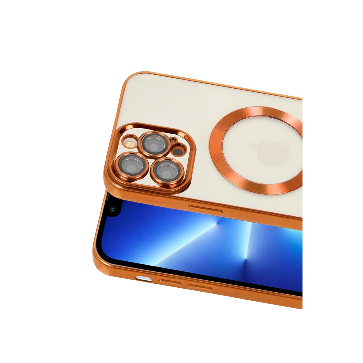 Beyaz arka plan üzerinde üç kamera lensi ve halkası olan turuncu telefon kılıfı.