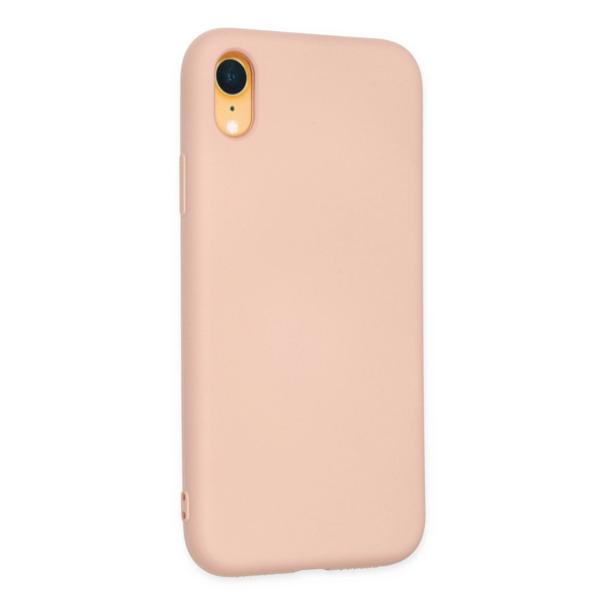 Sol üstte kamera lensi olan şeftali rengi telefon kılıfı.
