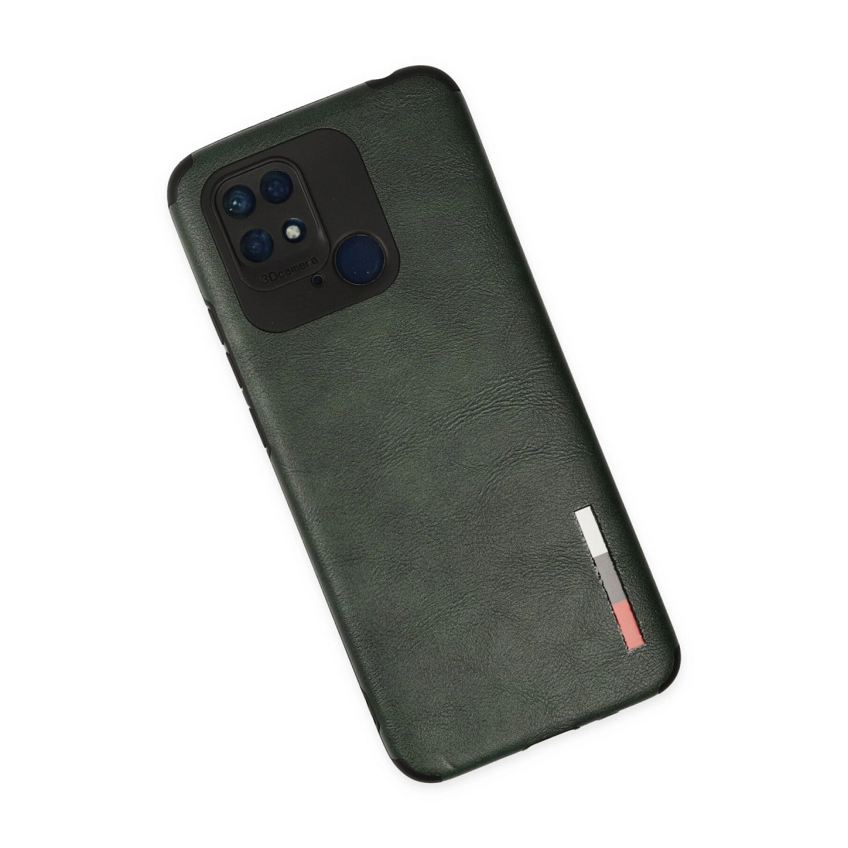 Kamera modülü ve şerit detaylı koyu yeşil telefon kılıfı.