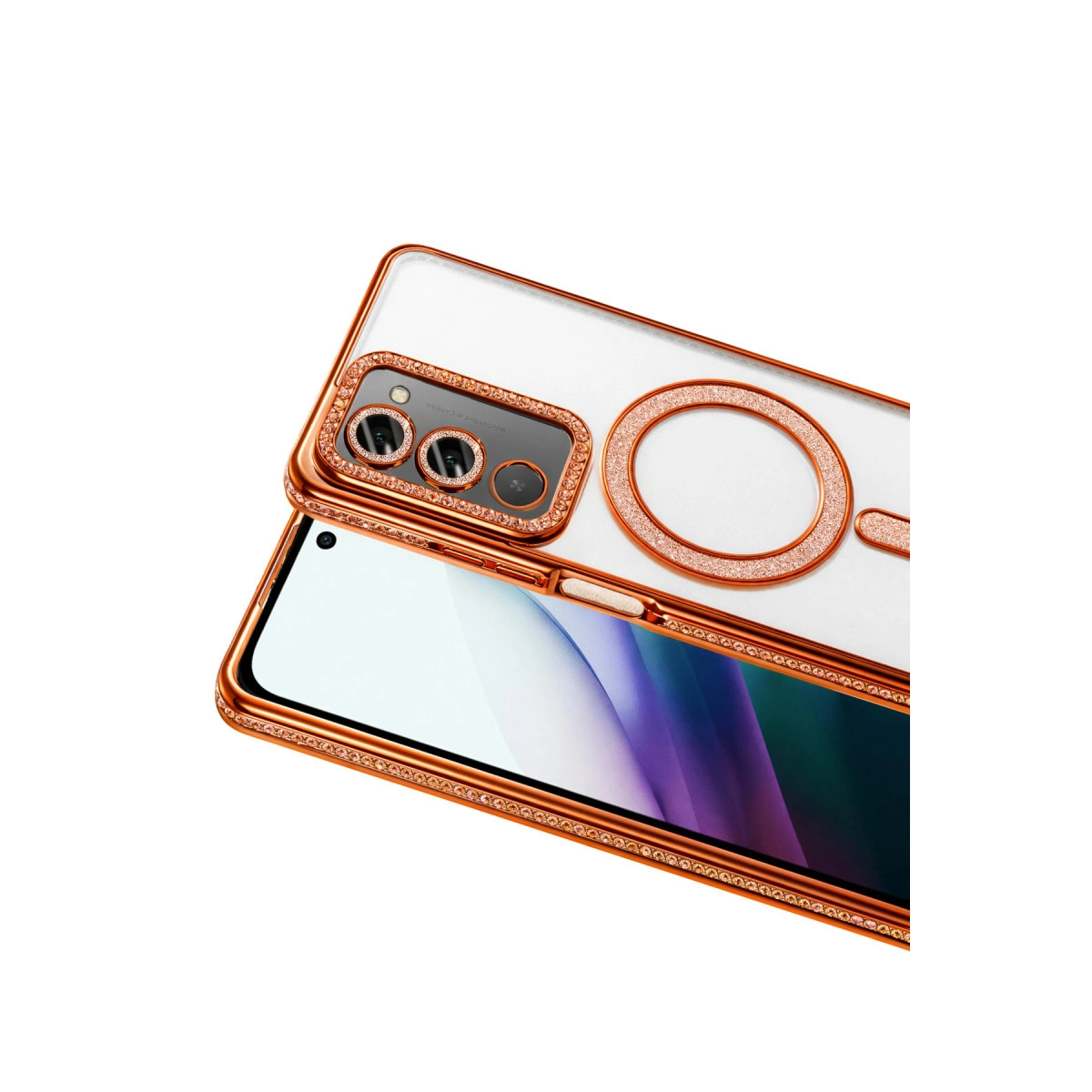 Kamera etrafında ve arkasında büyük bir halka ile pembe altın parıltılı şeffaf telefon kılıfı.