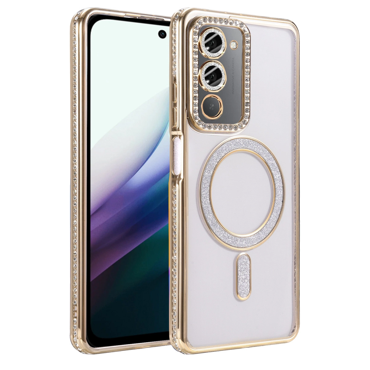 Şeffaf arkalı, taşlı ve simli halkalı altın rengi telefon kılıfı.