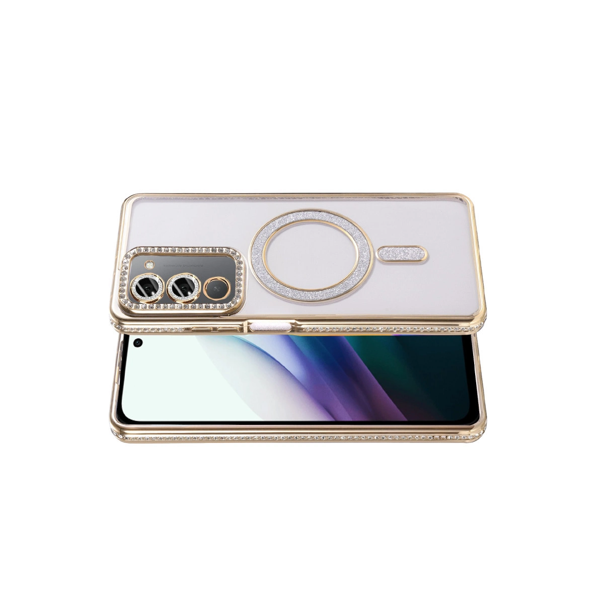 Altın kenarlı ve simli vurgulu şeffaf telefon kılıfı.