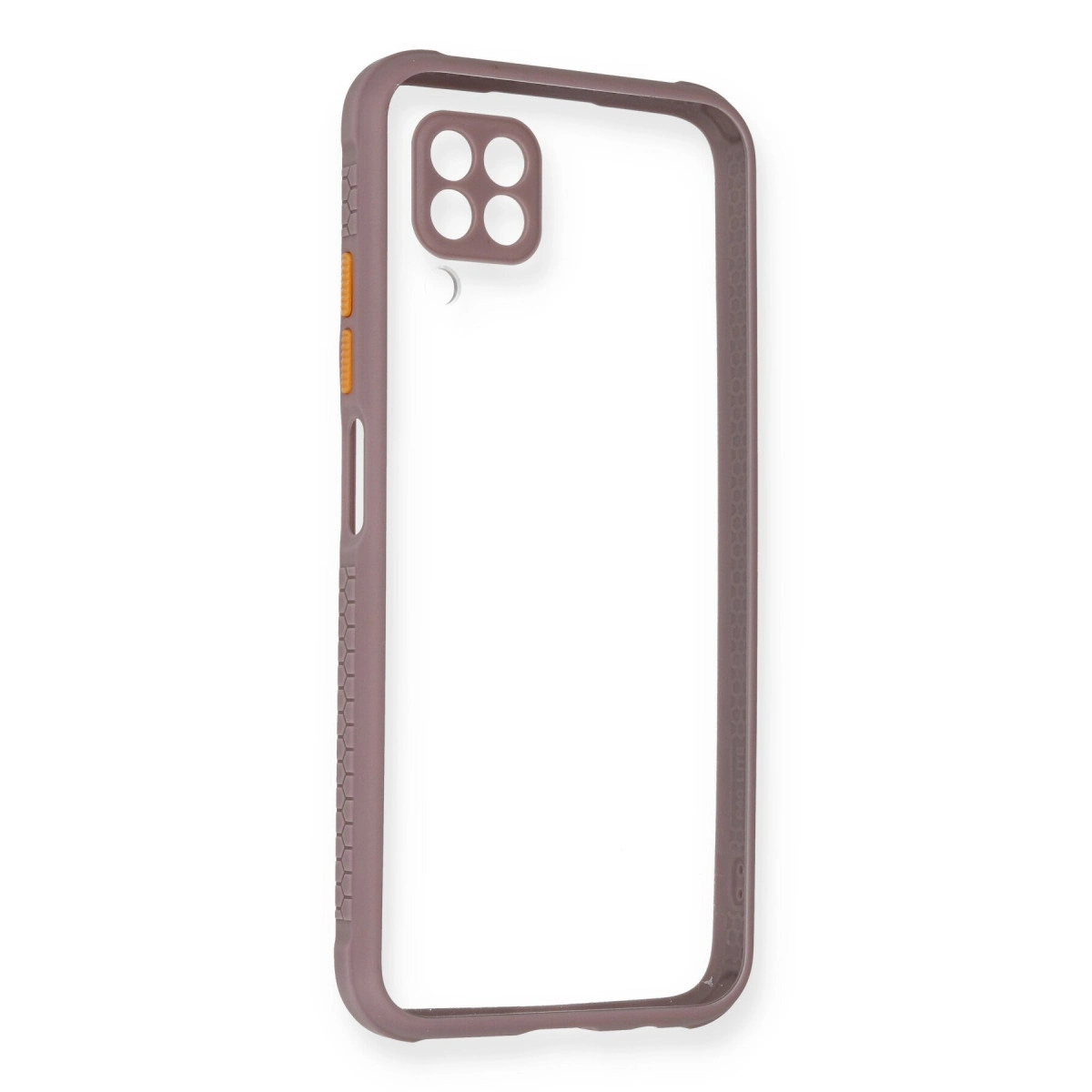D&ouml;rt kameralı ve&nbsp;mauve &ccedil;er&ccedil;eveli saydam telefon kılıfı.