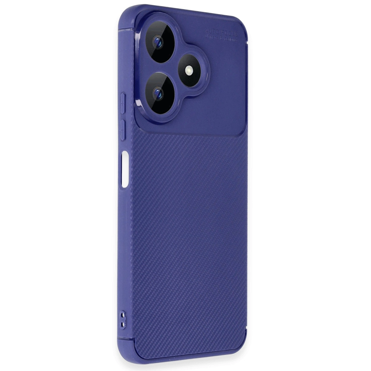 Üç kamera lensi ve dokulu yüzeye sahip koyu mavi telefon kılıfı.