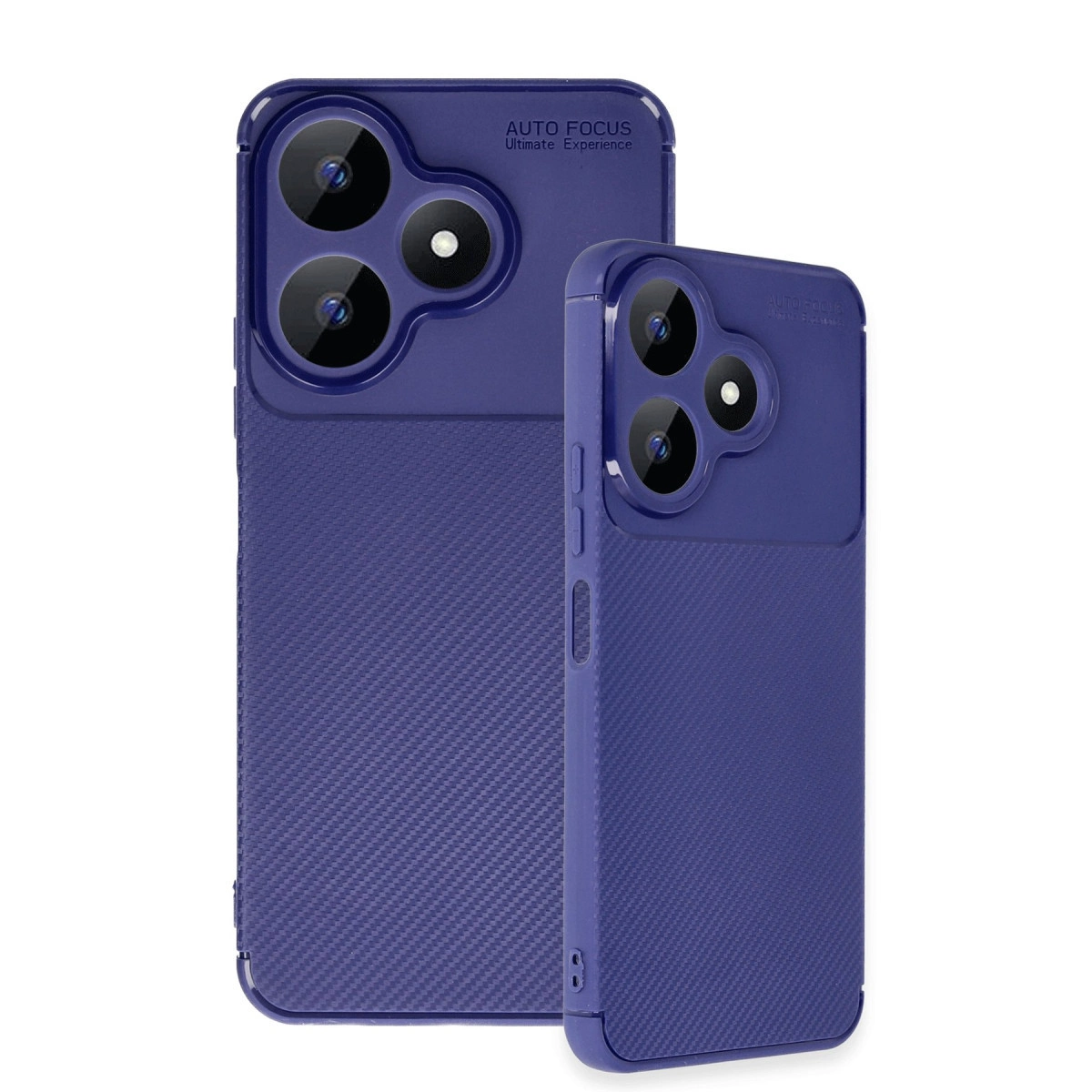 Karbon fiber dokulu ve üçlü kamera lensli iki mavi telefon kılıfı.