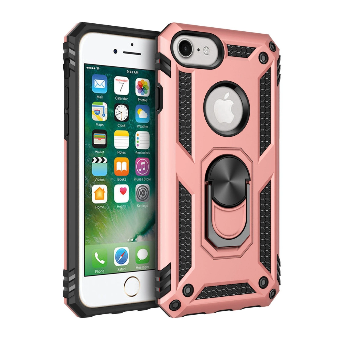 Halkalı tutuculu koruyucu kılıfta gül altın rengi iPhone.