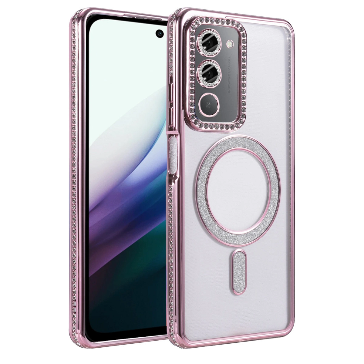 Simli ve kamera kesimli pembe telefon kılıfı, beyaz arka plan üzerinde.