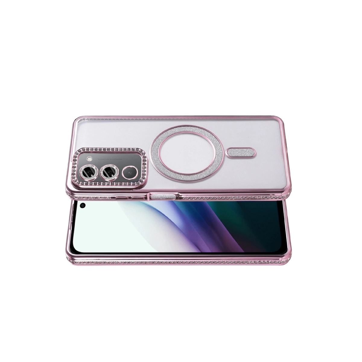 Şeffaf arkalıklı, yapay elmaslı kamera kesimli ve gümüş parıltılı manyetik halkalı pembe akıllı telefon kılıfı.