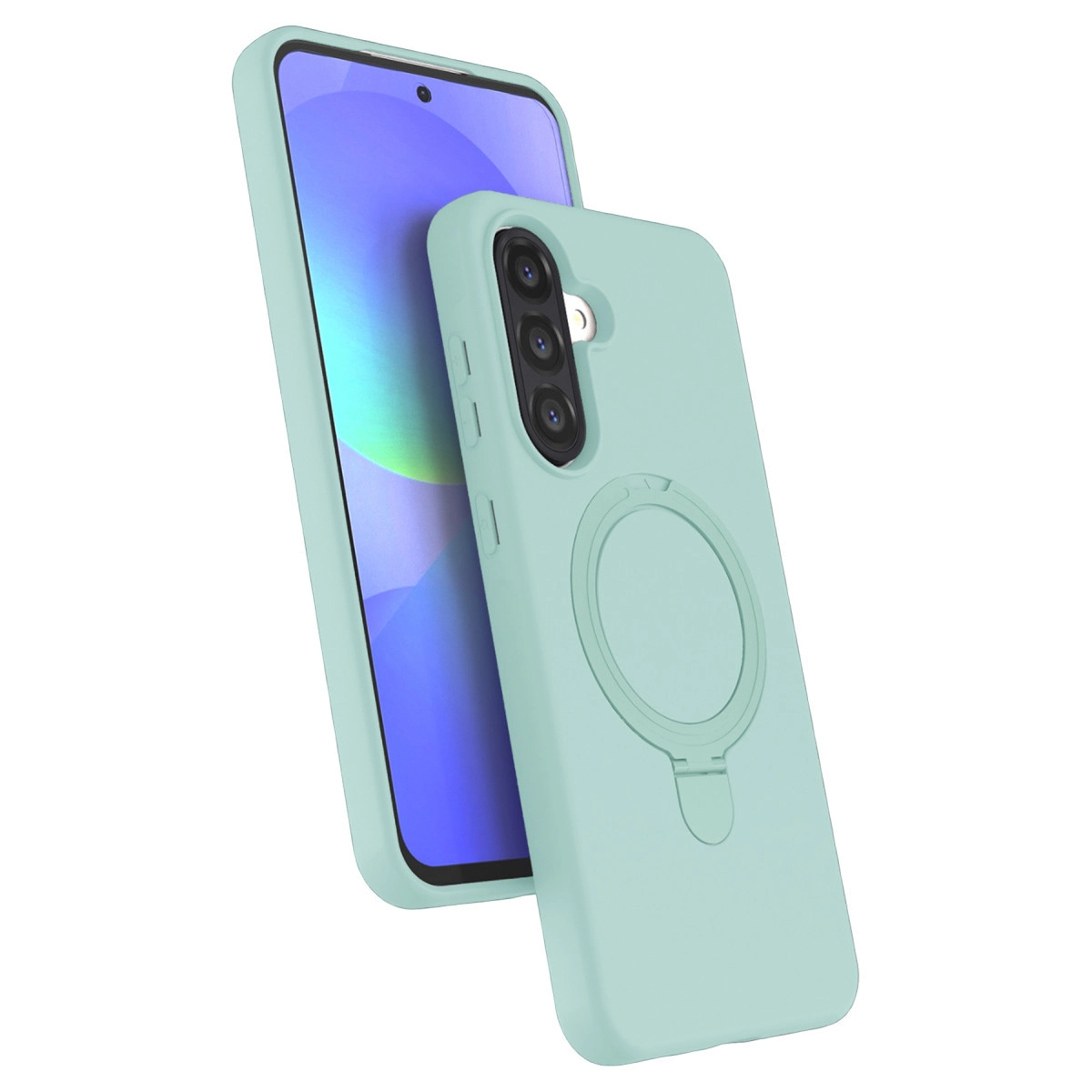 Halka tutuculu ve üçlü kamera kesimli açık yeşil telefon kılıfı.