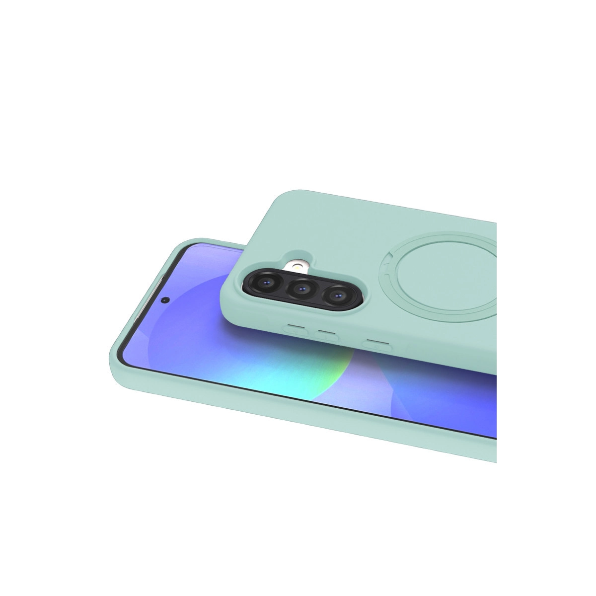 Halka tutuculu nane yeşili telefon kılıfı bir akıllı telefonun üzerinde duruyor.