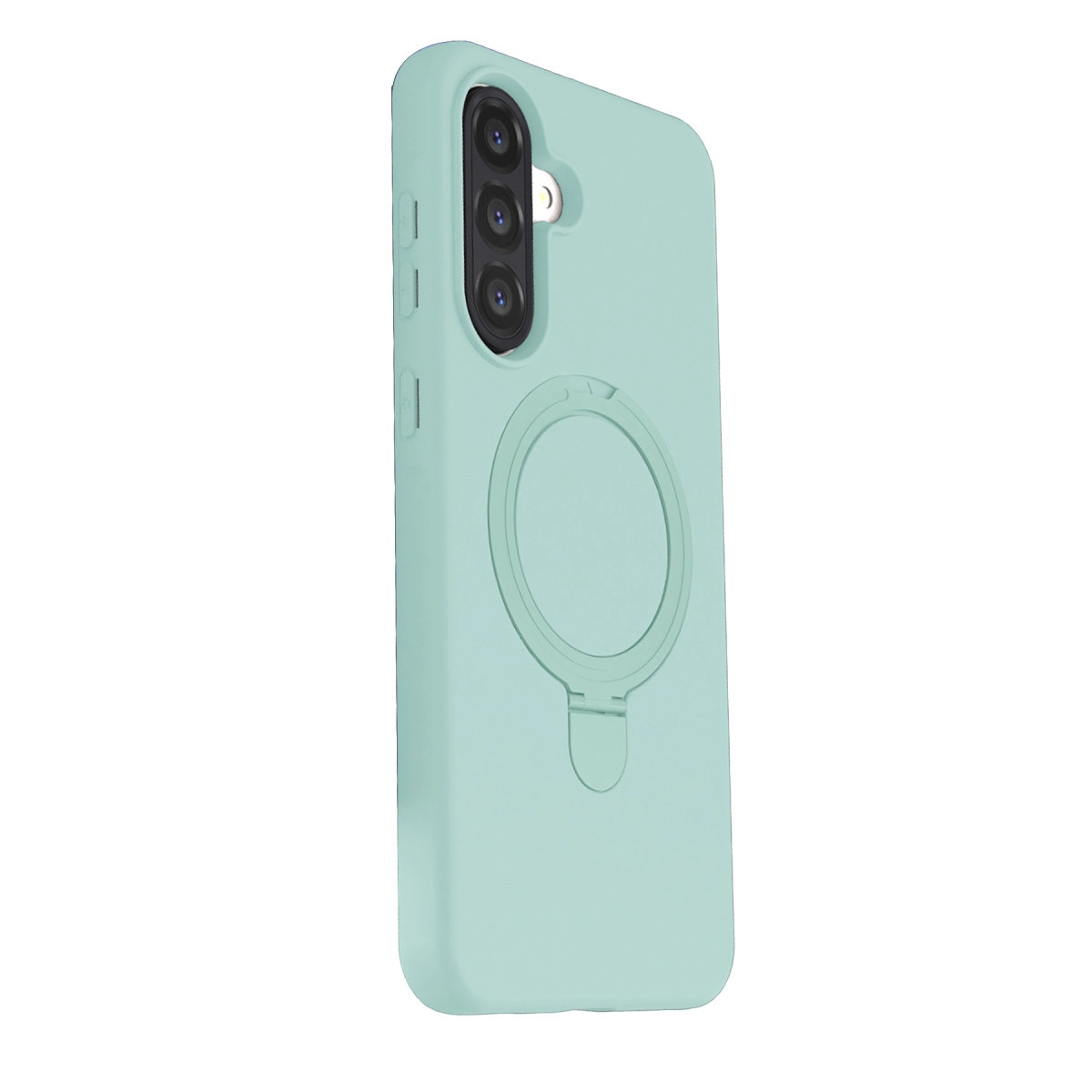 Üçlü kamera ve halka tutuculu açık yeşil telefon kılıfı.