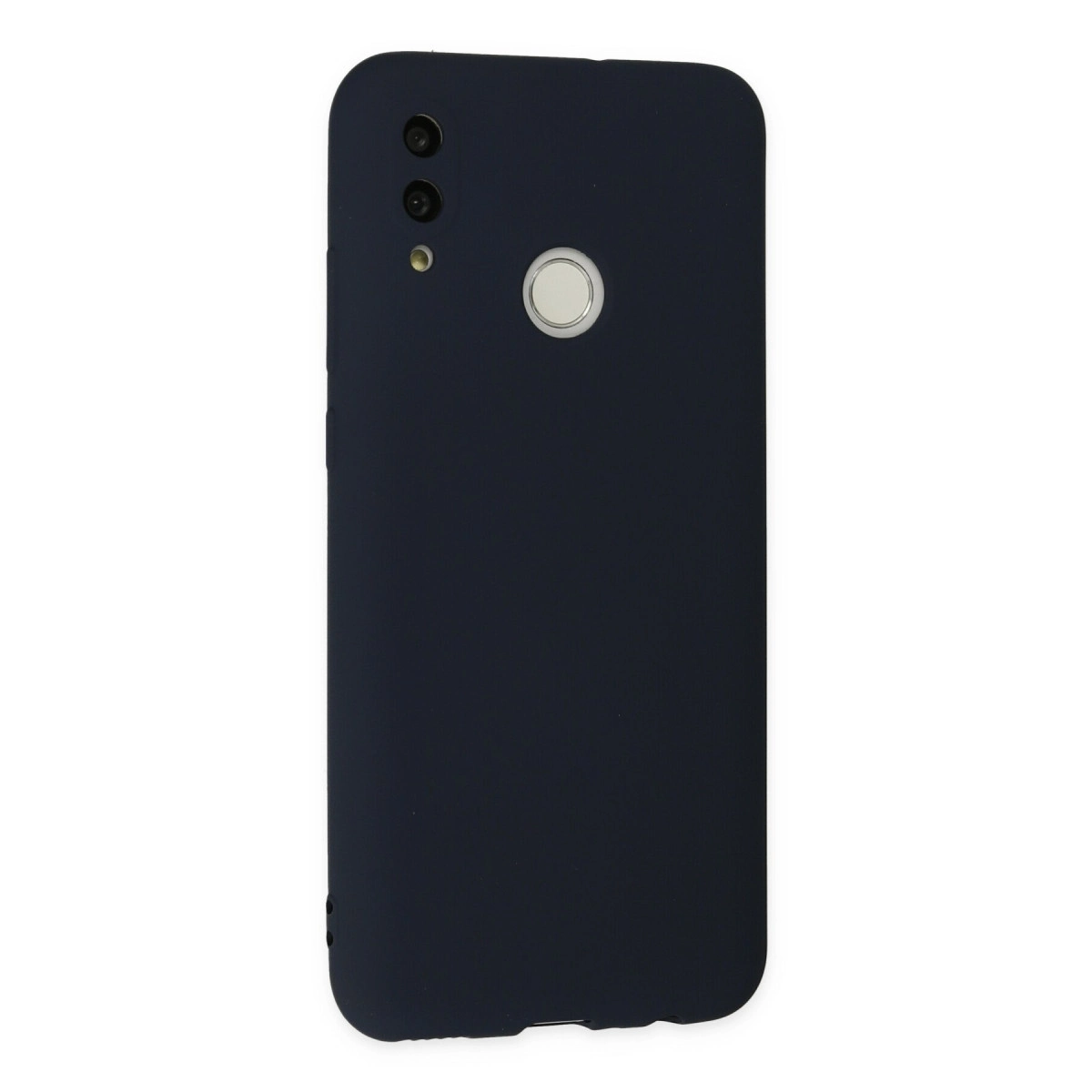 Kamera ve parmak izi sensörlü koyu mavi telefon kılıfı.