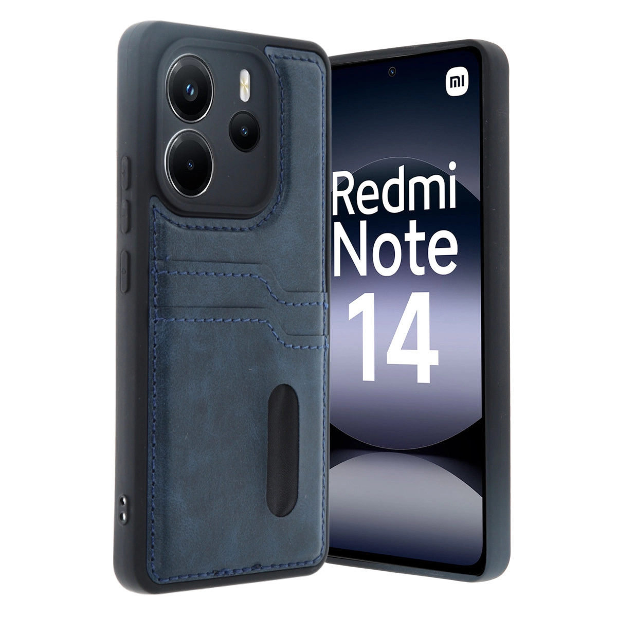 Kart yuvalı mavi telefon kılıfı, 'Redmi Note 14' yazılı telefonun yanında.