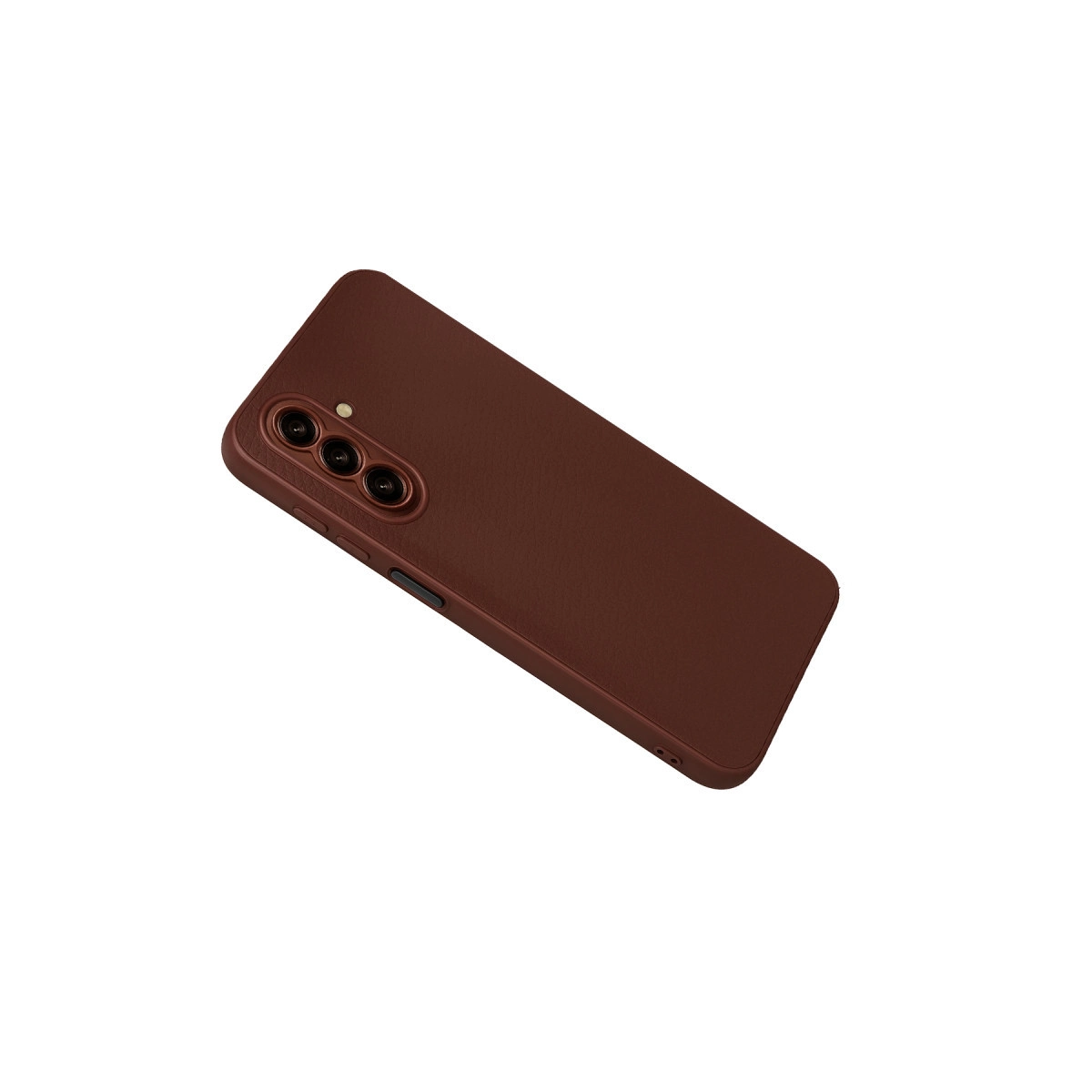 Üçlü kamera kesimli kahverengi telefon kılıfı, beyaz zeminde.