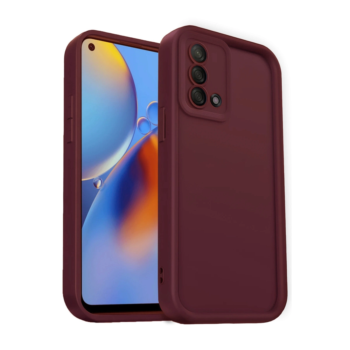 Üç arka kamerası ve parlak ekranı olan koyu kırmızı telefon kılıfı.