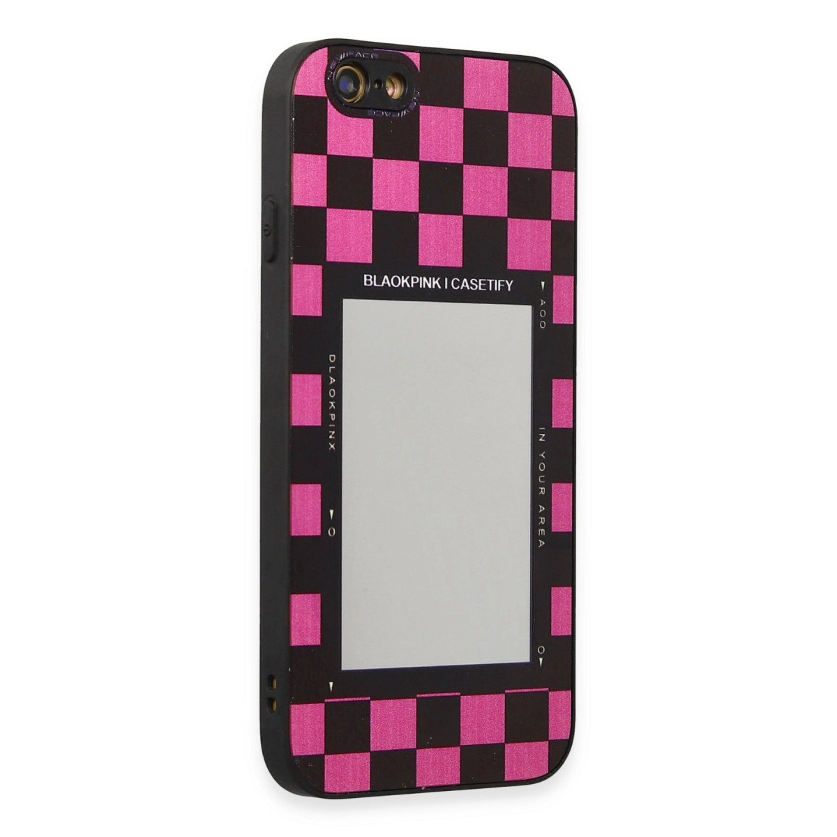 Pembe damalı ve aynalı siyah telefon kılıfı.