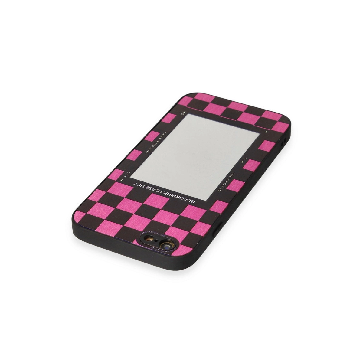 Ayna ve metinli siyah ve pembe kareli telefon kılıfı.