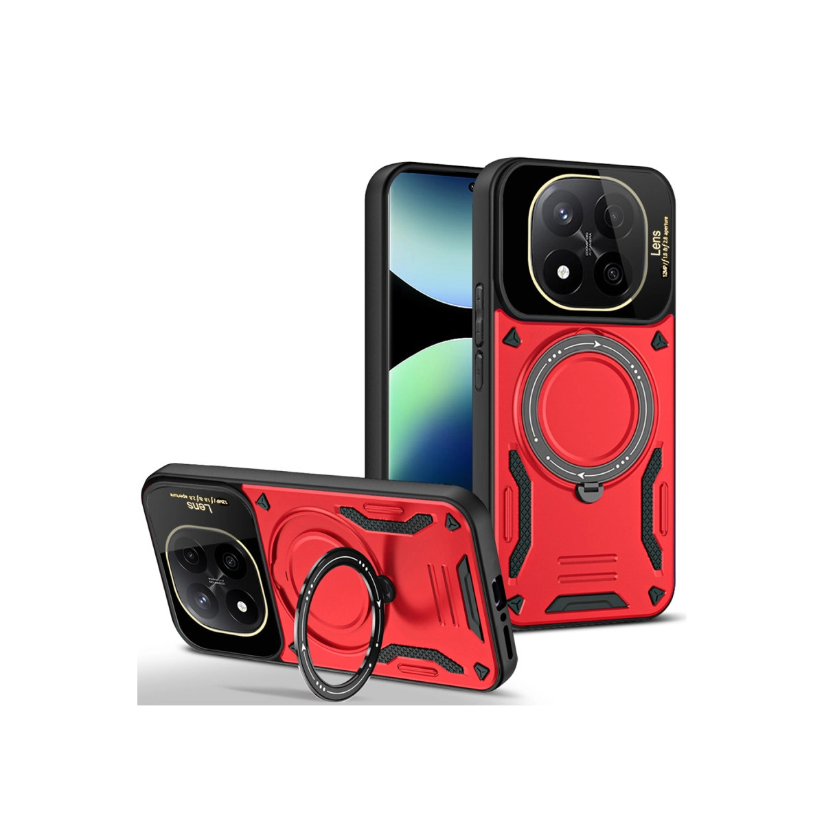 Halka tutuculu ve lens korumalı iki kırmızı telefon kılıfı, beyaz arka plan.
