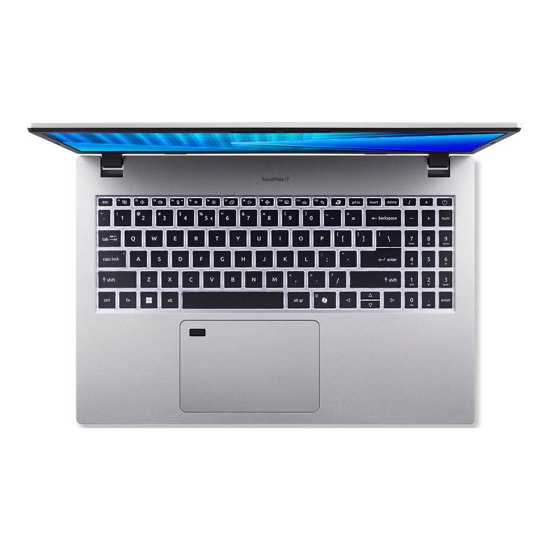 Un laptop argentato, visto dall'alto, con lo schermo aperto, che mostra la tastiera.