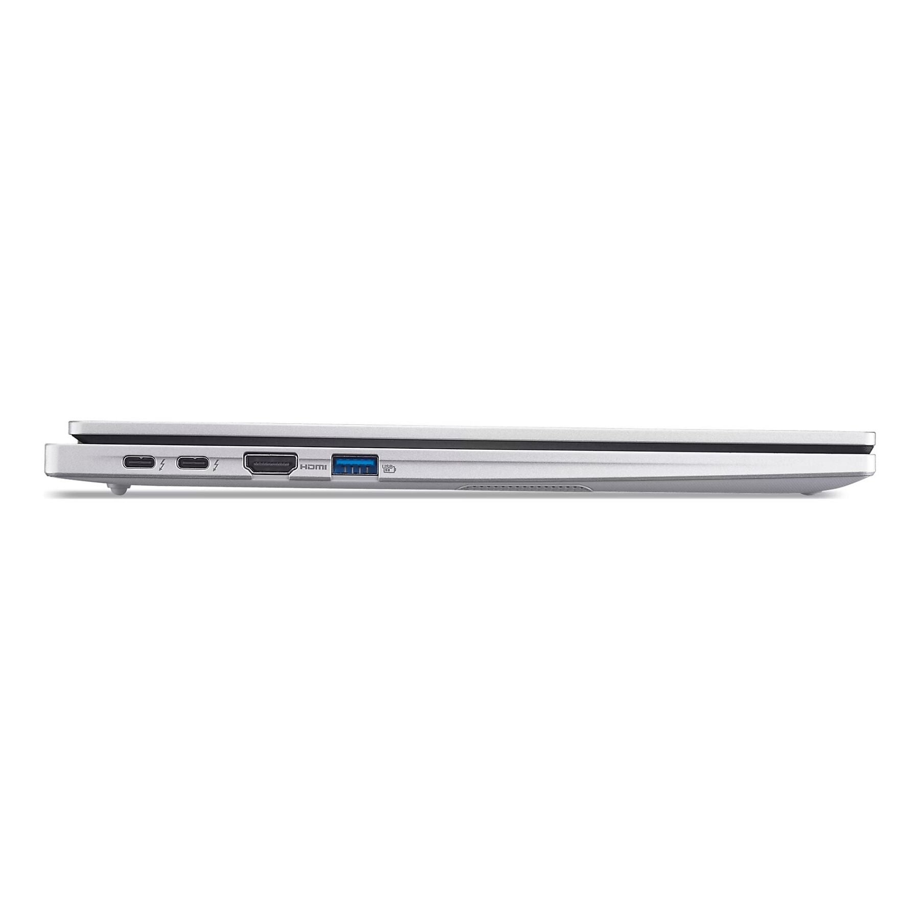Un bordo di laptop argentato con porte: 2x Thunderbolt, HDMI, USB-A.