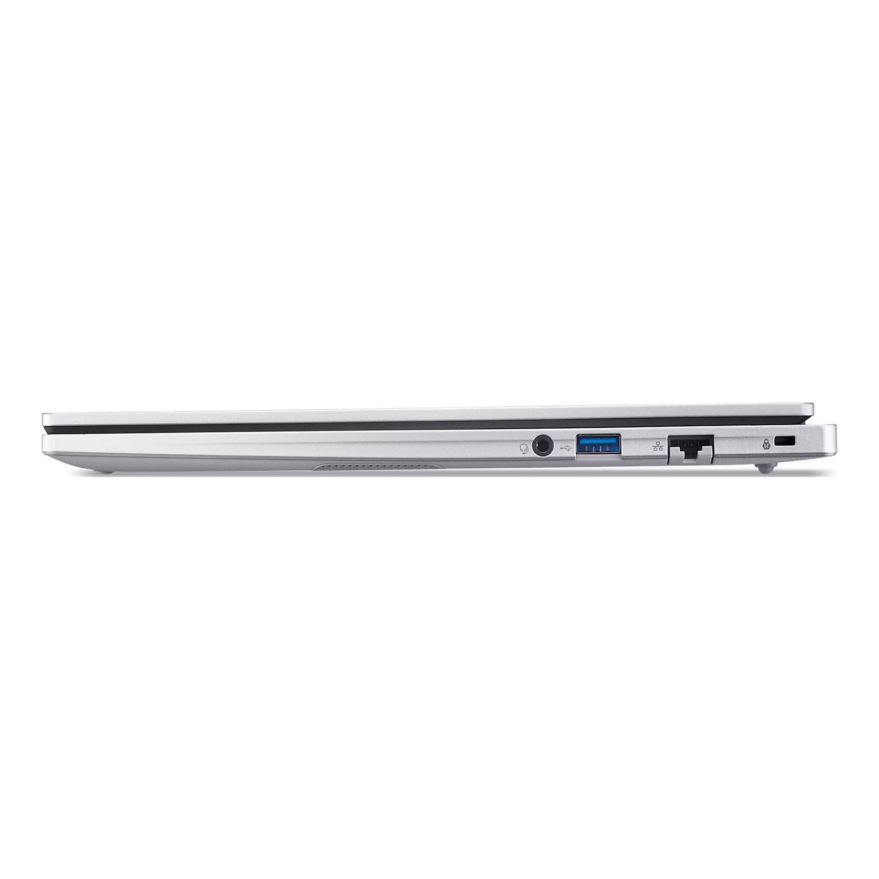 Porta laptop argento con USB, jack cuffie e ethernet.