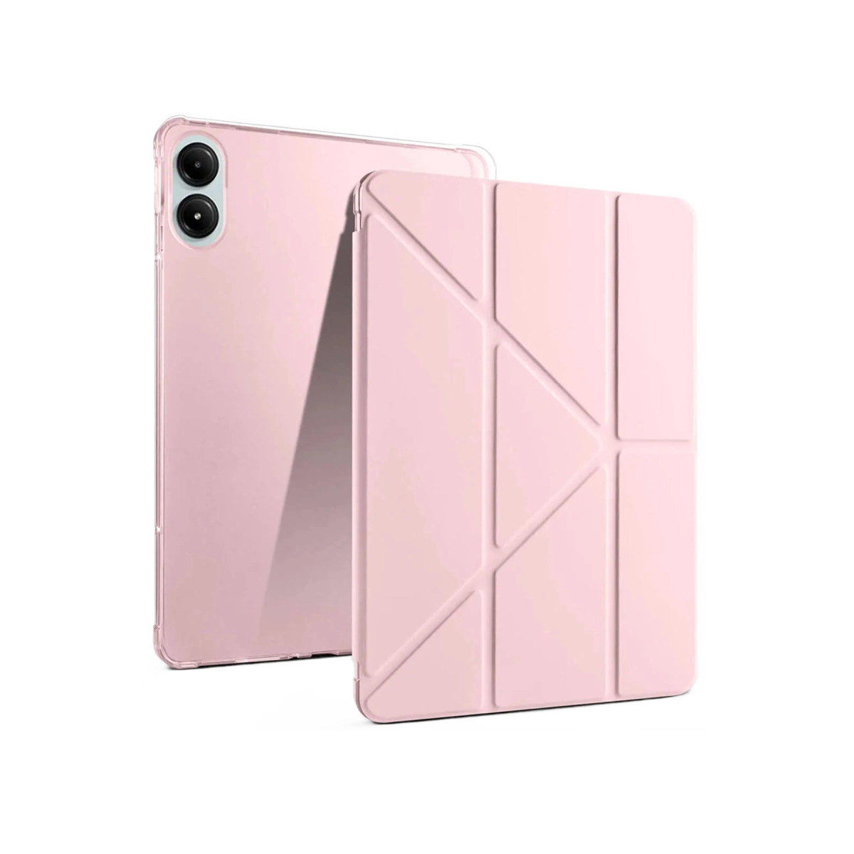 İki kameralı şeffaf tabletin yanında pembe bir tablet standı duruyor.