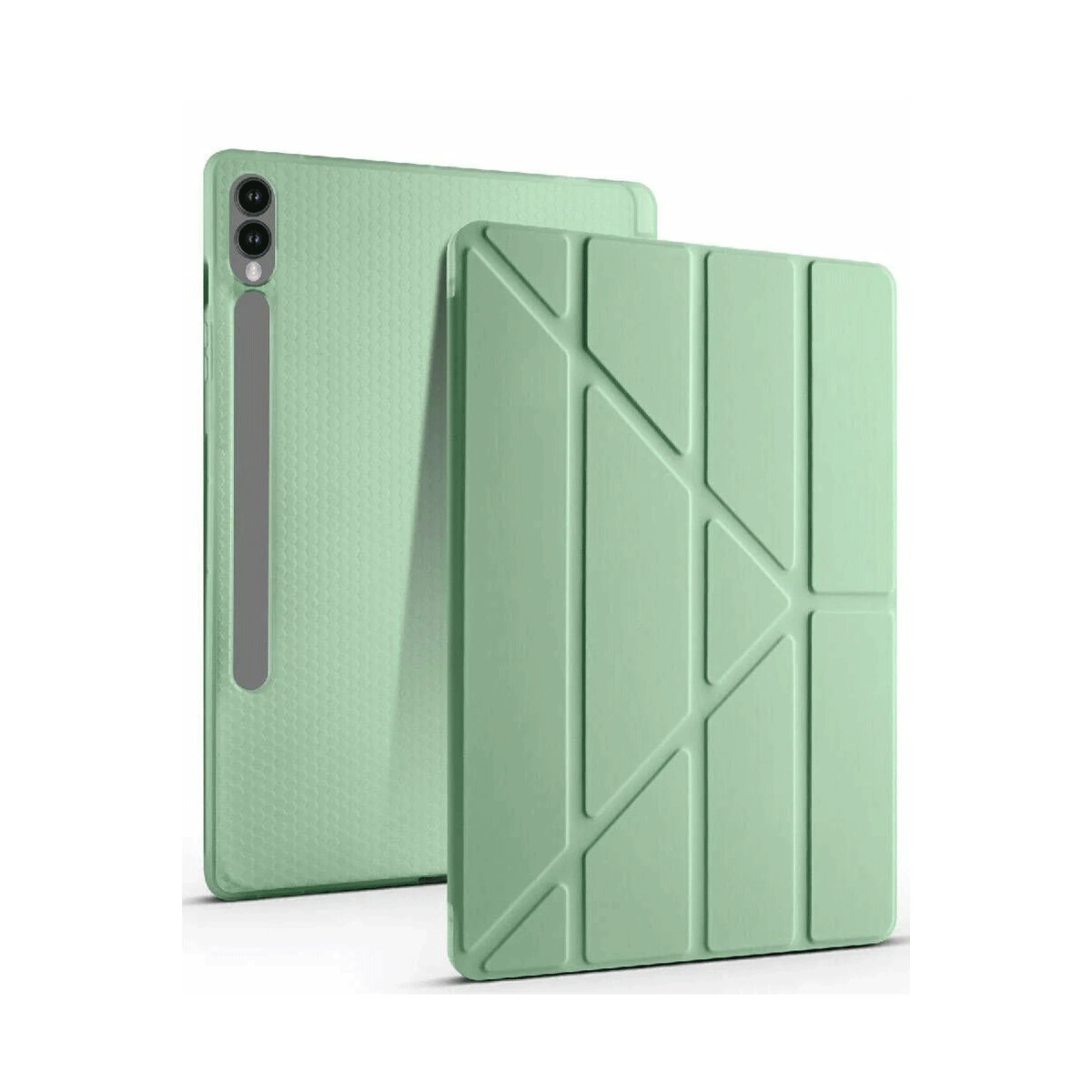 İki pastel yeşili tablet kılıfı. Bir kılıf açık, geometrik katlama deseni gösteriyor.