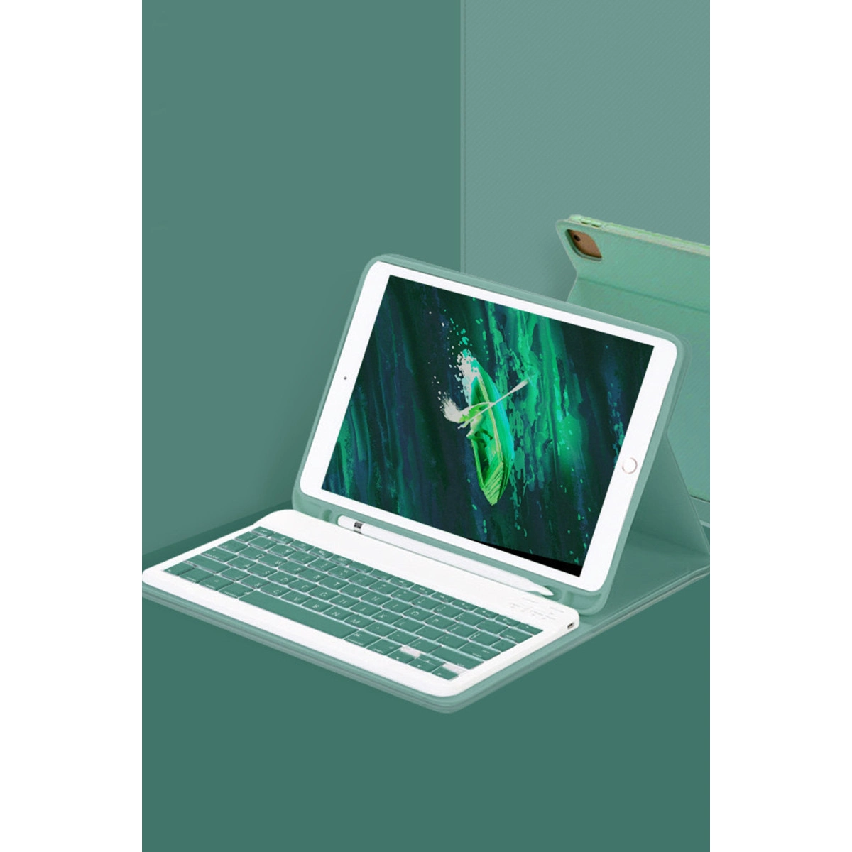 Klavyesiyle bir tablet, koyu yeşil bir nehirde yeşil kanoda bir adam gösteriyor.