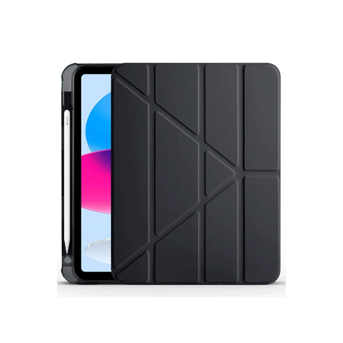 Kalem tutuculu siyah tablet ve geometrik desenli kılıfı.